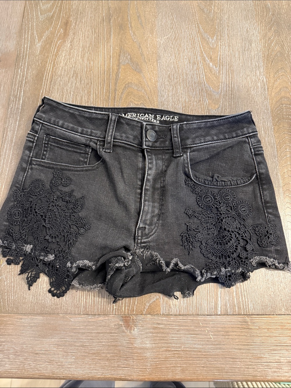 American Eagle Outfitters Black Denim Lace-Appliqué Shorts